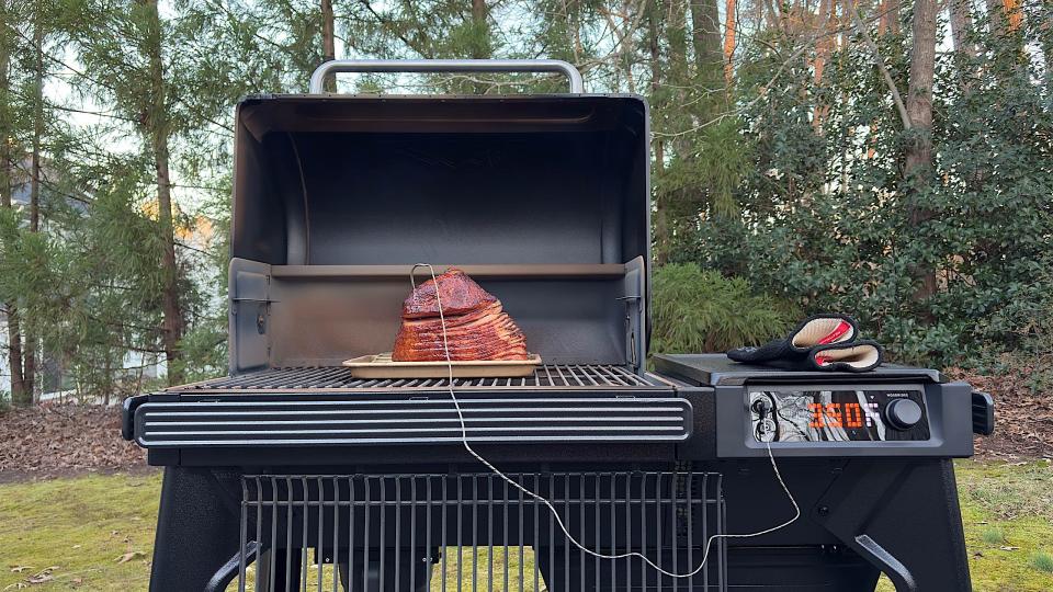 The Traeger Woodridge imparts ample wood flavor in foods, like this spiral ham. 