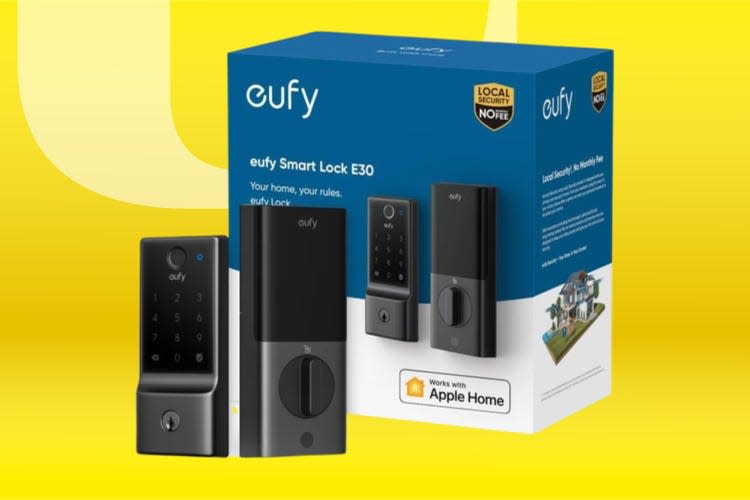 Eufy's E30 smart lock and box against a yellow CNET background.