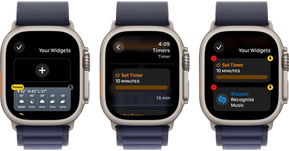Three Apple Watch screens showing how to add a new Timer widget to the Smart Stack.