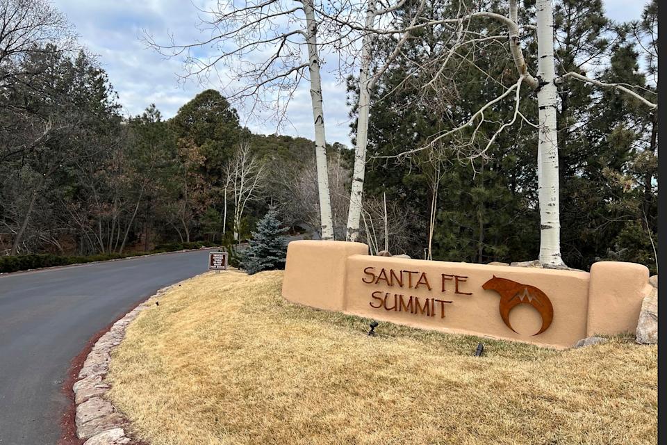 The entrance to Santa Fe Summit, the gated community where actor Gene Hackman and his wife, Betsy Arakawa, lived.