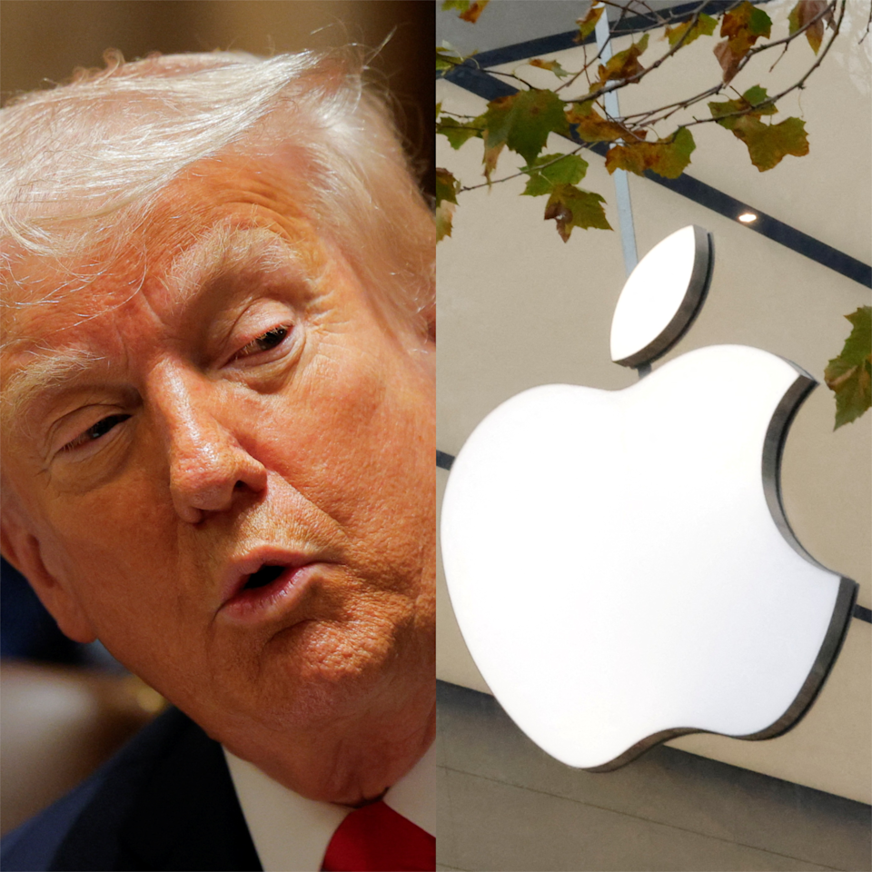 Pictured (left) is U.S. President Donald Trump hosts his first cabinet meeting at the White House in Washington, D.C., U.S., February 26, 2025. Pictured (right) the Apple Inc logo is seen at the entrance to the Apple store in Brussels, Belgium November 28, 2022.