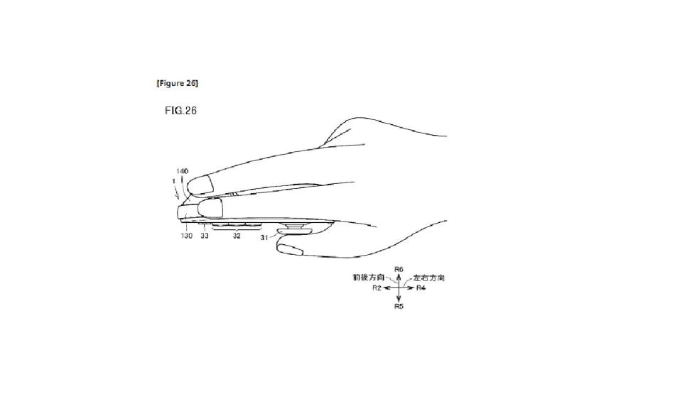 A drawing from a patent showing a Joy Con controller held sideways such that it looks like a computer mouse.