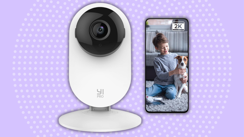 YI 2K 3MP Home Security Camera on a purple background