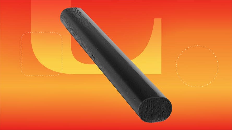 Sonos Arc soundbar on orange CNET background