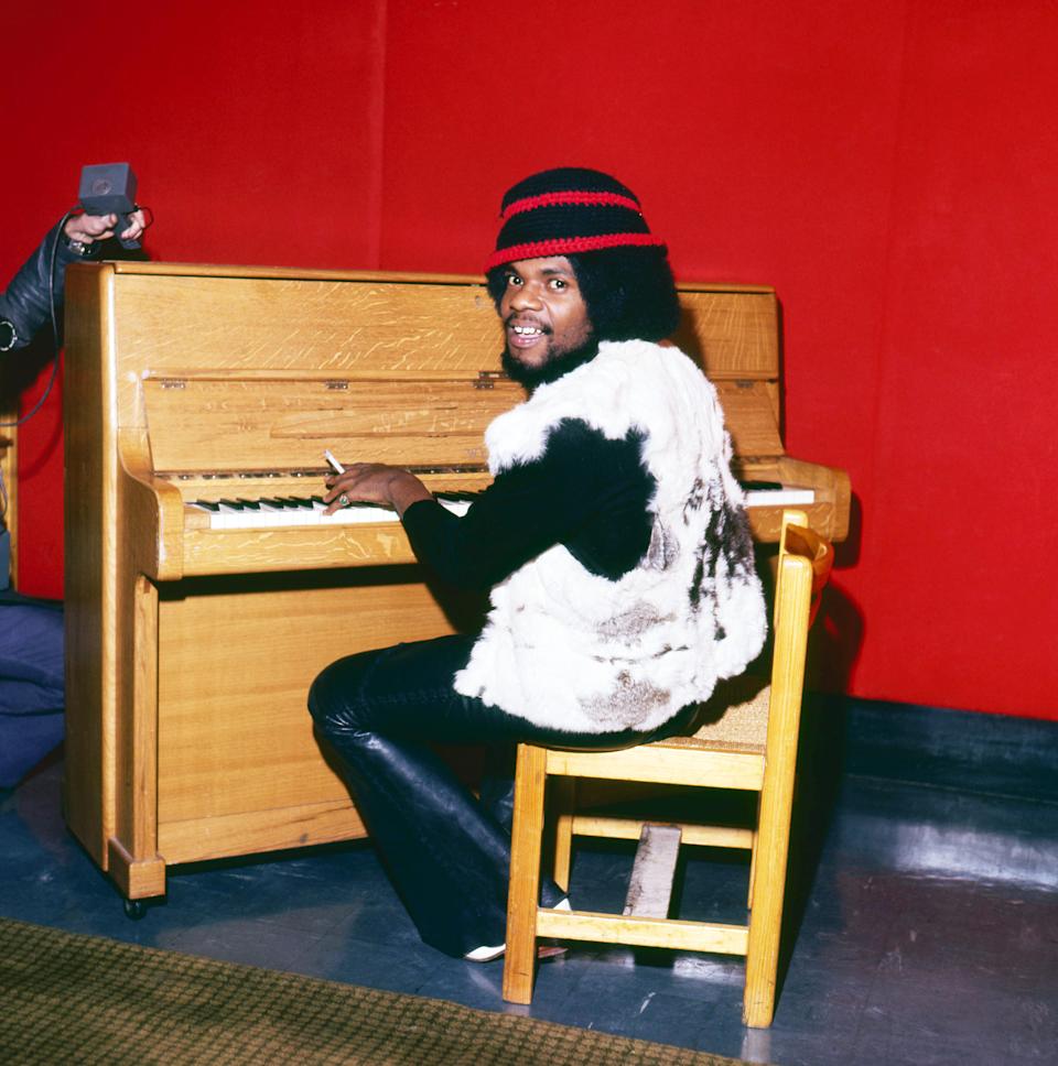 Billy Preston seated at a piano in London in 1972.