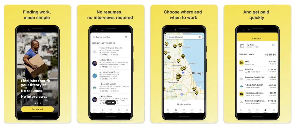 Application de travail en concert Wonolo montrant comment gagner rapidement 2 000 $ avec du personnel temporaire