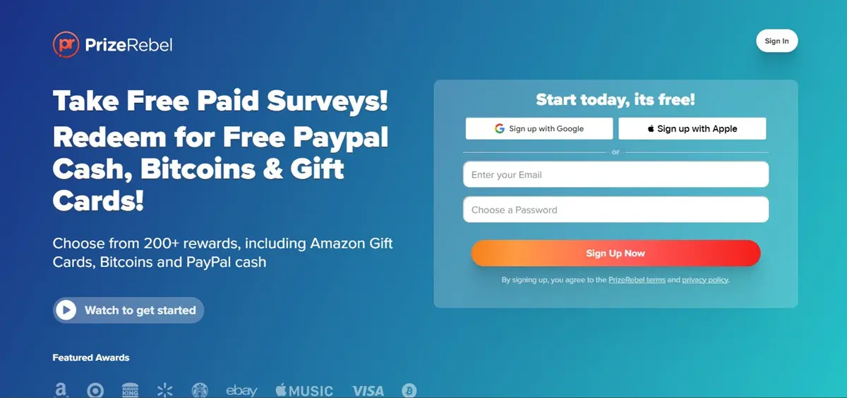 Sitio web de PrizeRebel que muestra las tareas de visualización de vídeos disponibles