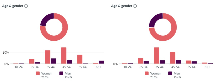 Gráficos de análisis demográficos de redes sociales que muestran datos de audiencia