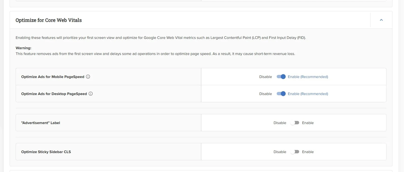 用于优化 Google Core Web Vitals 广告以平衡速度和收入的设置