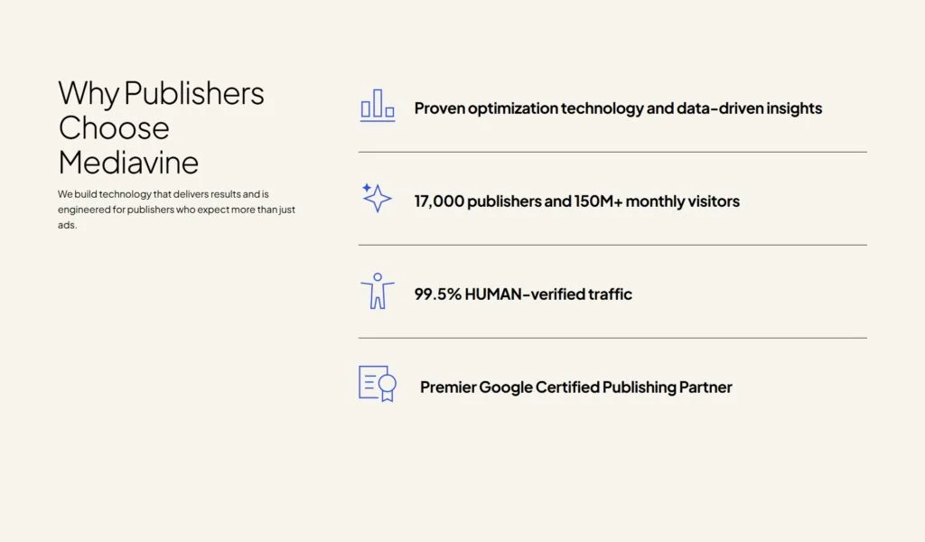 显示发布商为何选择 Mediavine 进行流量优化的数据图表