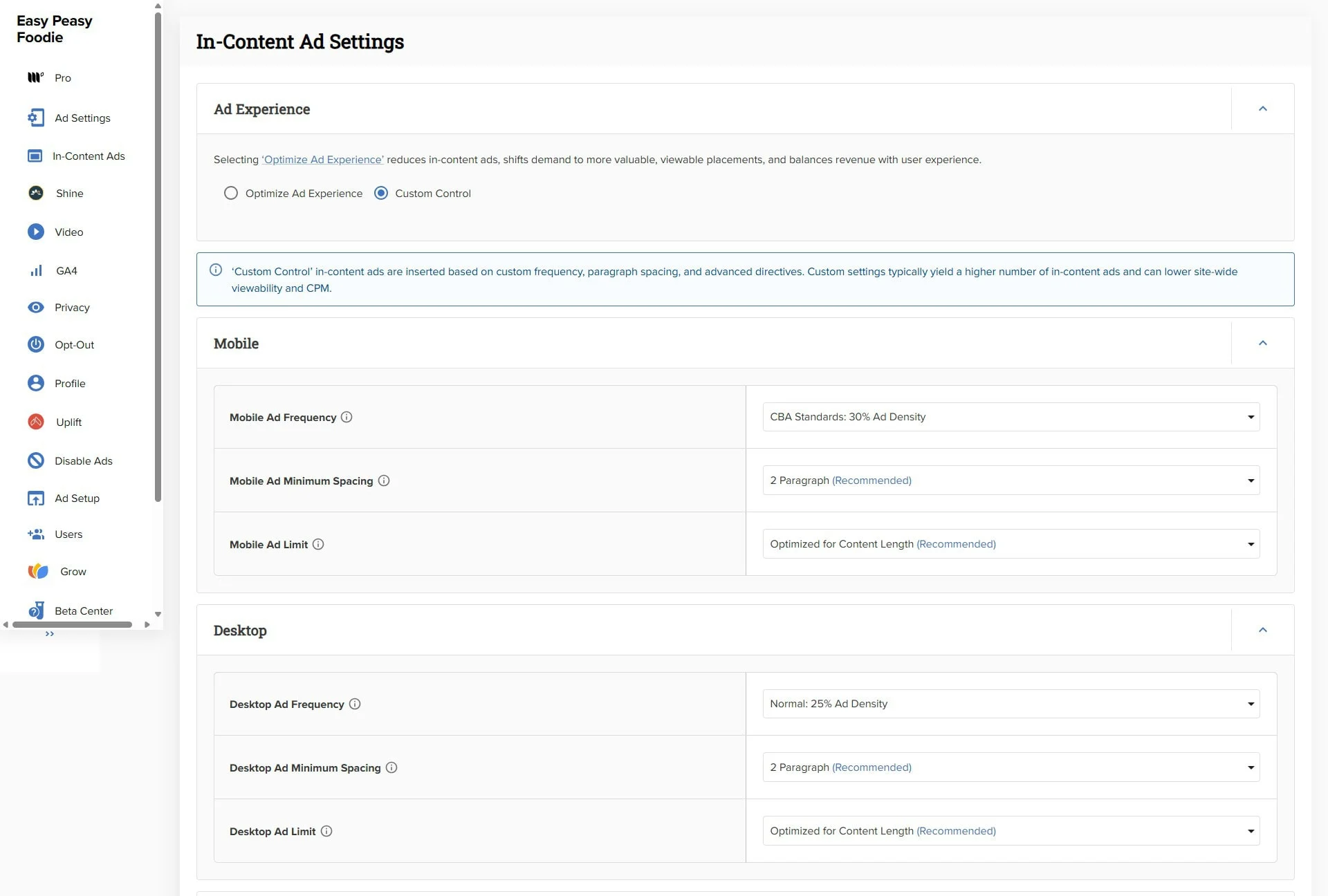 Mediavine 仪表板设置显示如何优化内容内广告频率