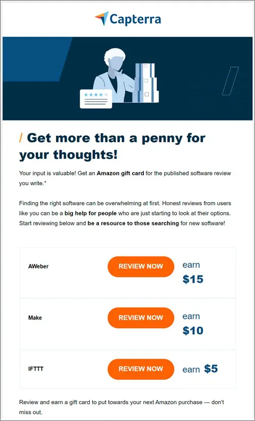 無料の Amazon ギフトカードをプレゼントする G2 および Capterra ソフトウェアのレビュー