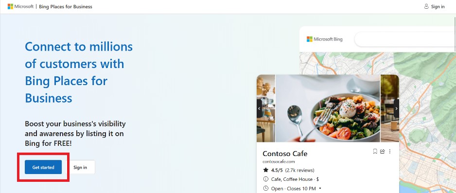 Interfaz de la página de inicio de Bing Places for Business con botón de inicio