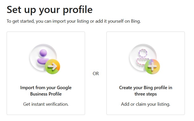 Opciones de configuración de Bing Places que muestran opciones de importación o creación de perfil