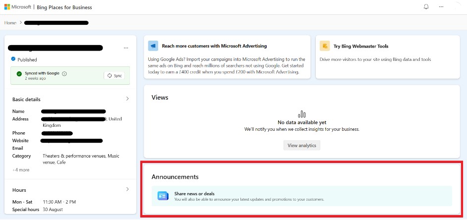 Sección de anuncios de Bing Places para actualizaciones de perfiles comerciales