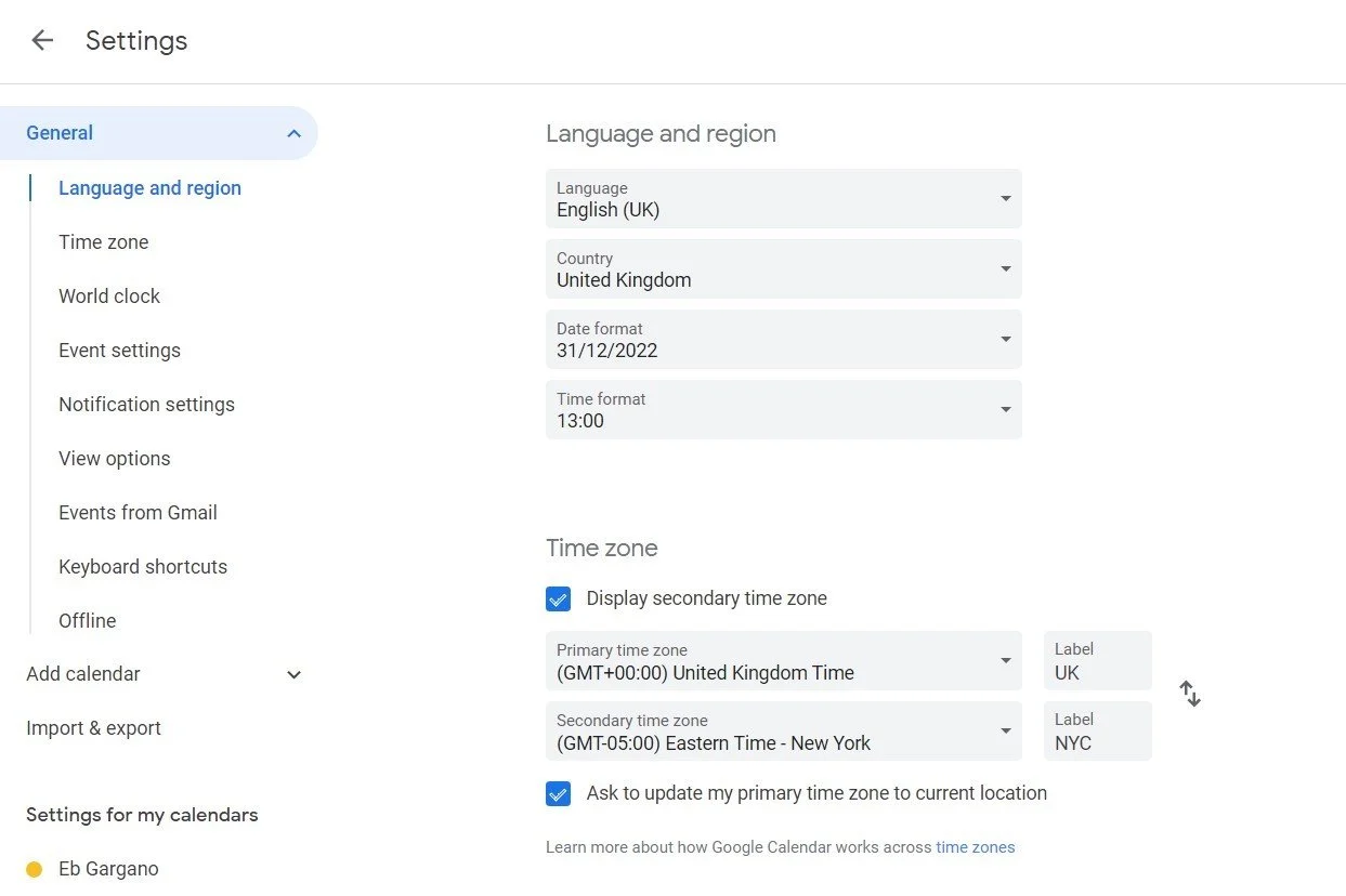 Настройка дополнительного часового пояса в общих настройках для управления международными встречами
