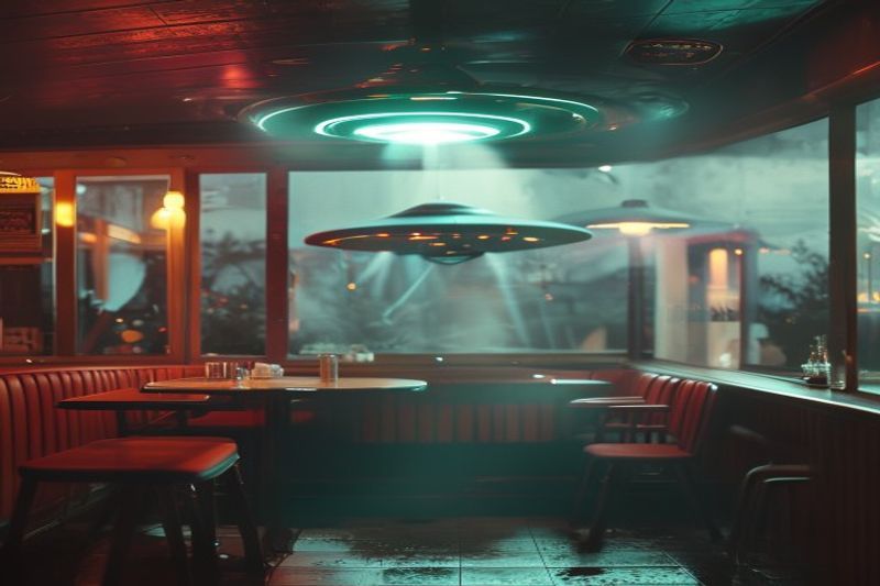 A multi-shot action sequence of a UFO flying by a 50s diner window generated by Wan 2.6