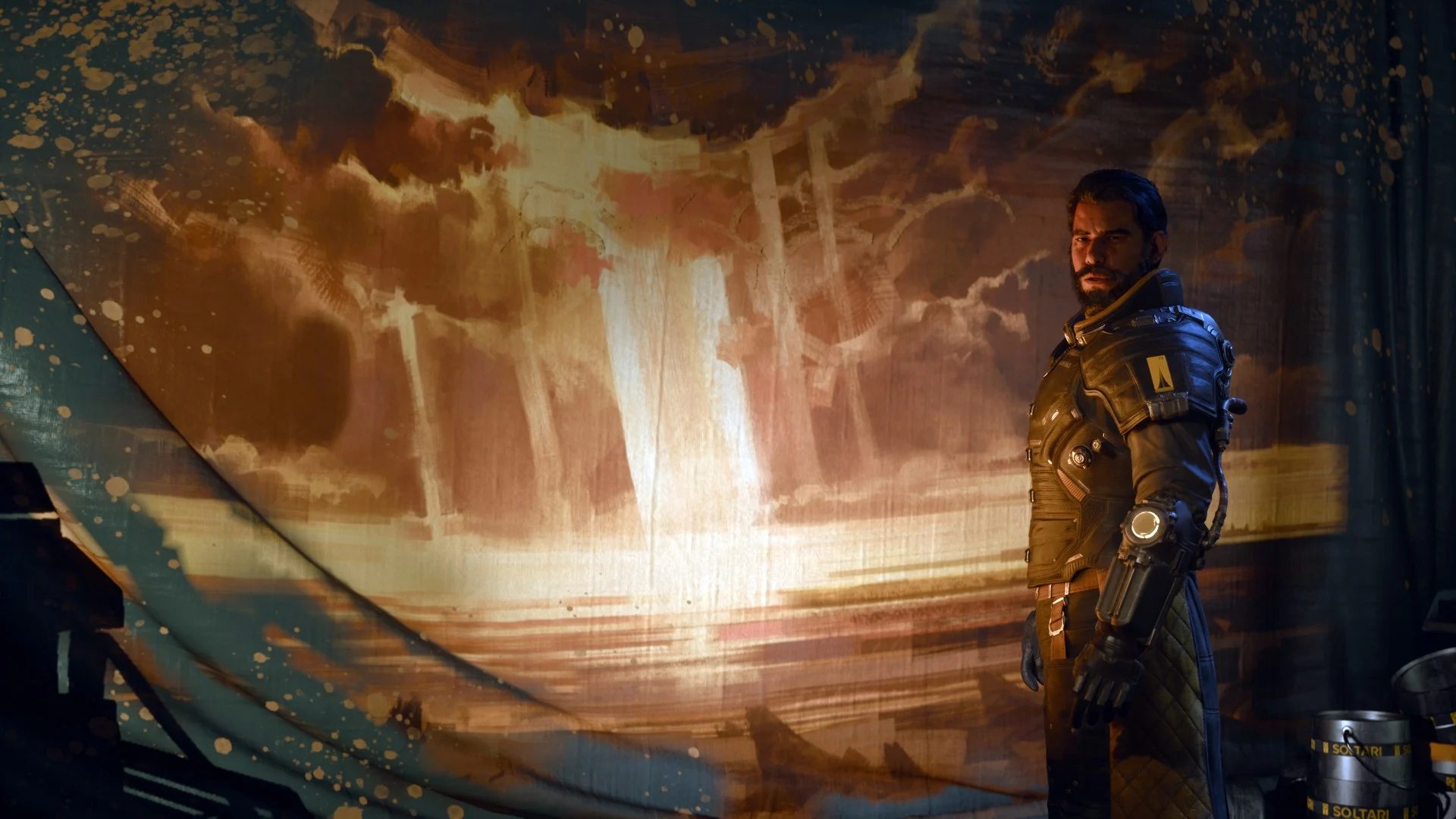 Saros Arjun Devraj standing in the haunting landscape of planet Carcosa under a solar eclipse