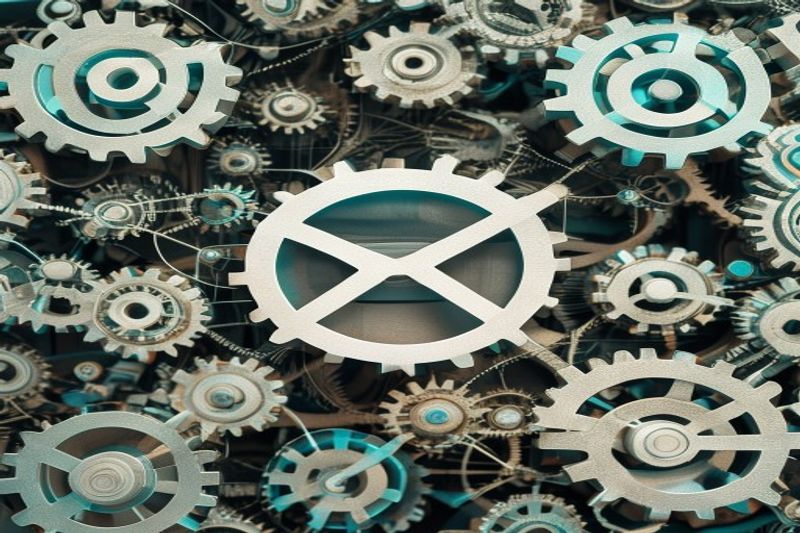 Interconnected digital gears representing an automated email funnel for 2026 audience retention