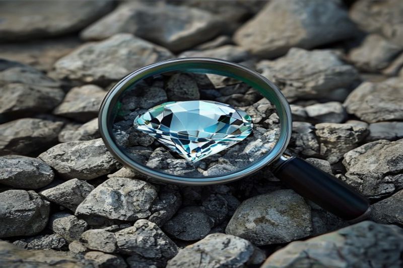 Magnifying glass uncovering a diamond in rocks symbolizing Information Gain in 2026 SEO