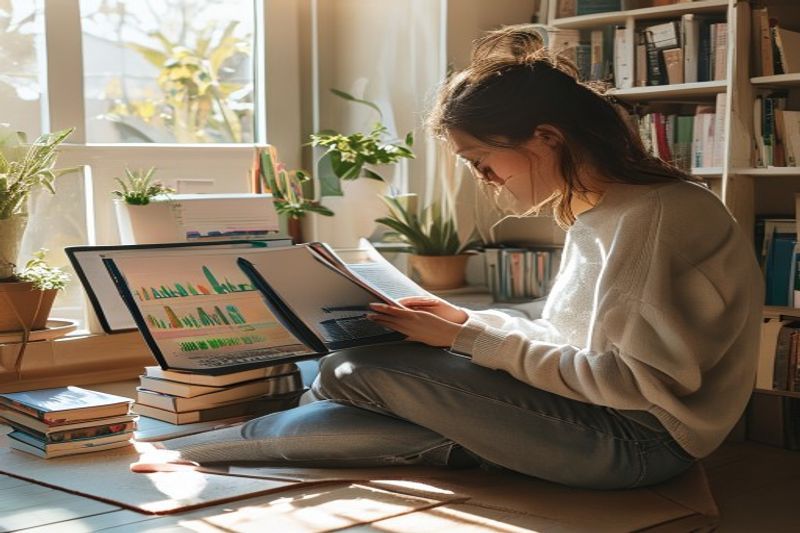 在有图书馆背景的阳光明媚的家庭办公室工作的专业读书人