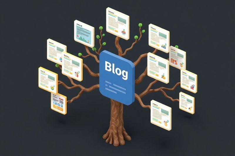 Visualización de un grupo de temas que se expande desde un pilar central de publicación de blog.