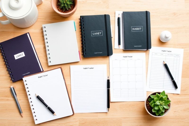 Diarios minimalistas de bajo contenido y rastreadores de hábitos en un espacio de trabajo de madera