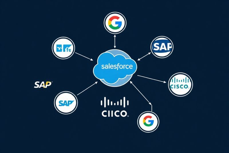 Ecosistema web de logotipos que incluyen Salesforce SAP y Cisco que se conectan a un centro central de IA