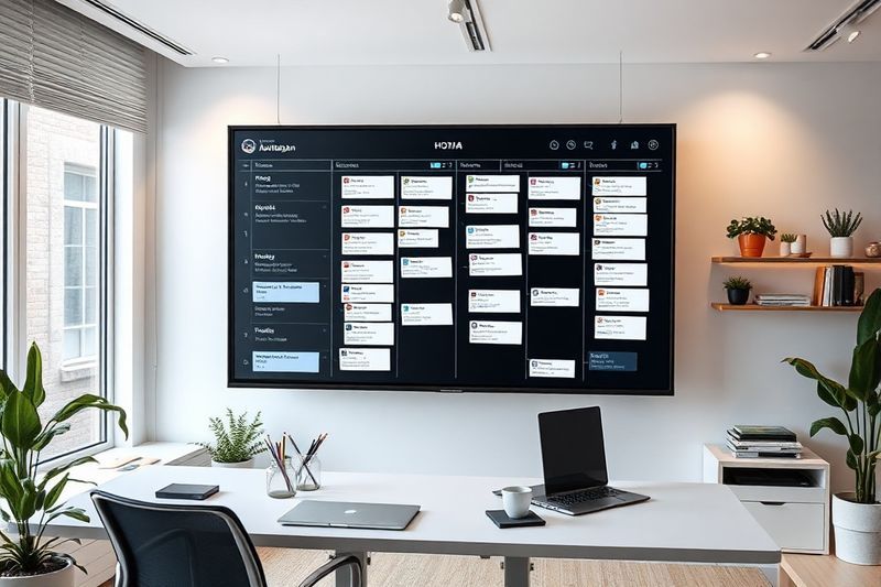 非同期プロジェクトのワークフローを最適化する未来的なデジタル カンバン ボード