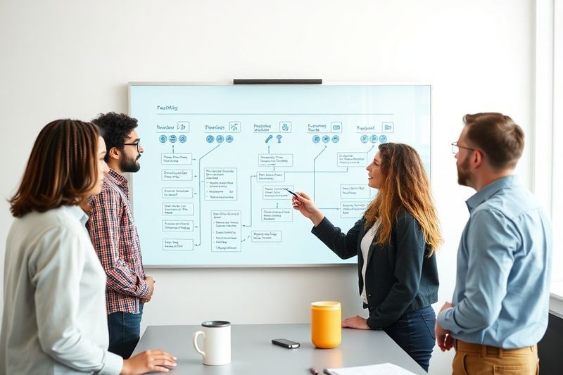 透明なデジタル ホワイトボードでワークフローのボトルネックを分析する多様な企業チーム