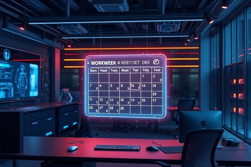 Futuristic office calendar highlighting a four day workweek powered by artificial intelligence