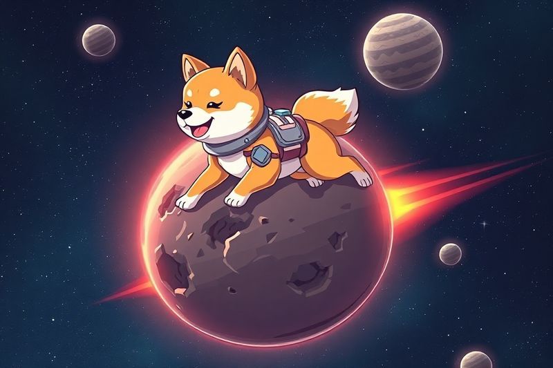 Futuristic shiba inu dog mascot riding on a glowing asteroid in space