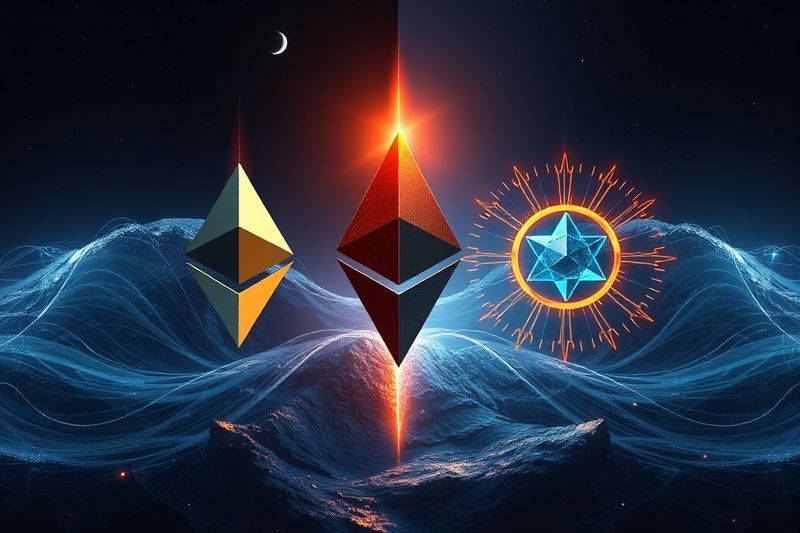 以太坊和 Solana 徽标与能量波作斗争的未来派分裂视图