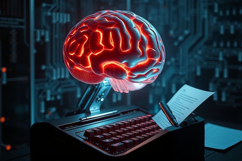 Cerebro de IA interactuando con una máquina de escribir para crear manuscritos estructurados de no ficción