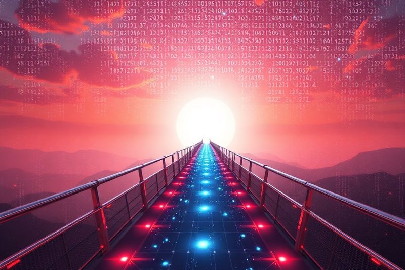 Puente binario que conduce a un futuro de nodos neuronales que representan la madurez de la IA