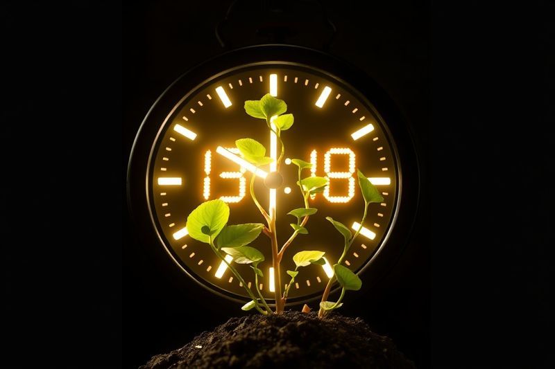 再生された時間の富を象徴する健康な緑の植物に変わるデジタル時計