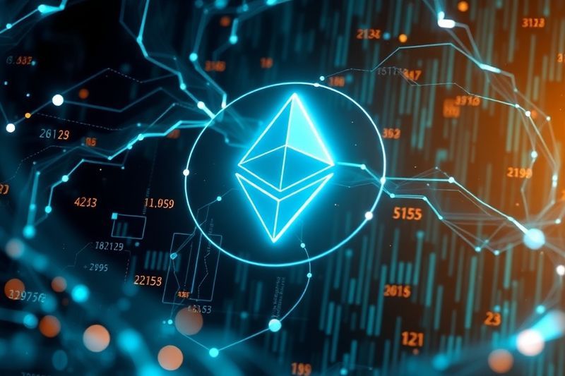 发光的全息以太坊符号被数字数据流包围