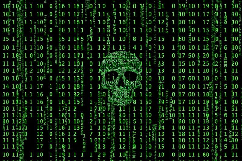 类似矩阵的数字网格，充满滚动的绿色二进制代码和骷髅图案