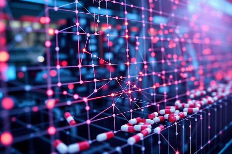 Red de investigación médica con nodos digitales que representan el despliegue farmacéutico de IQVIA