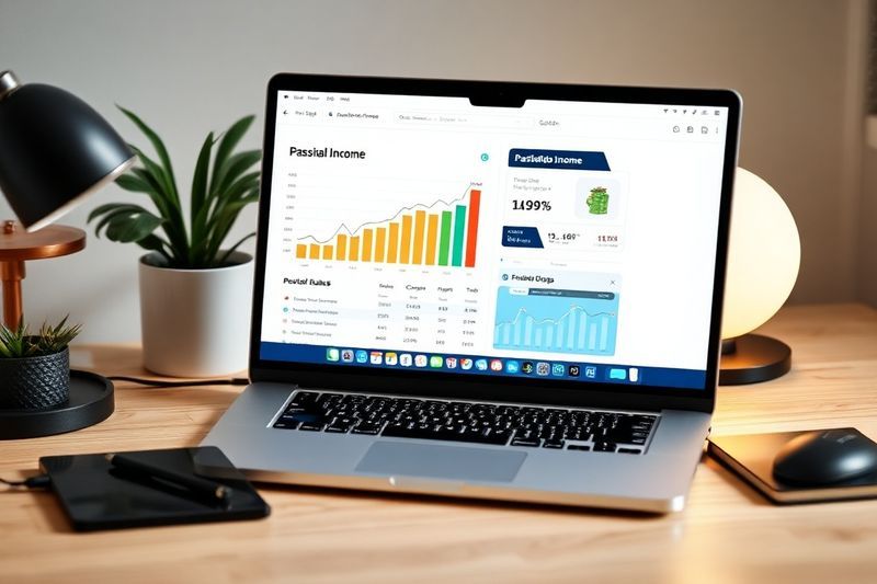 Modern home office laptop showing digital passive income growth charts