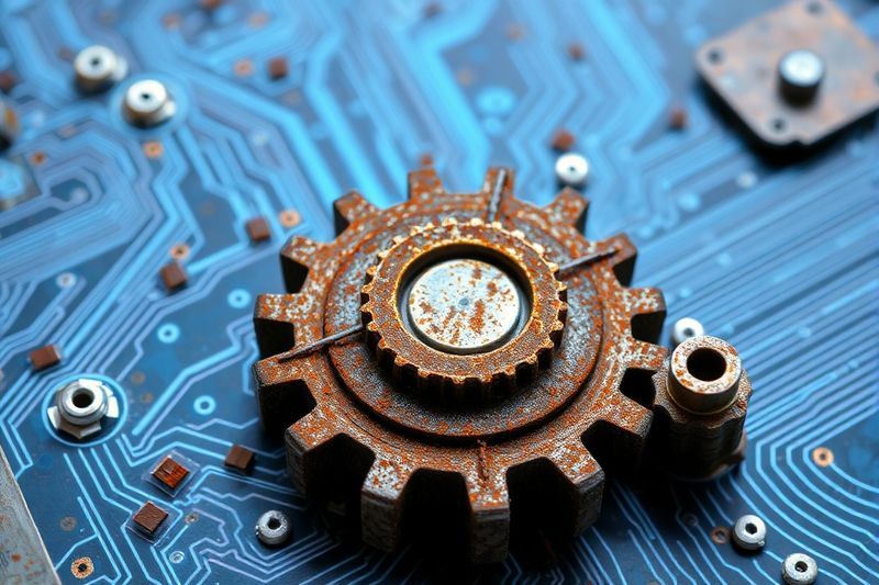 Engranaje mecánico heredado que se integra con un circuito digital moderno que representa la transición a la IA