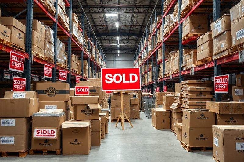 Almacén de comercio electrónico estresado y lleno de cajas de inventario sin vender