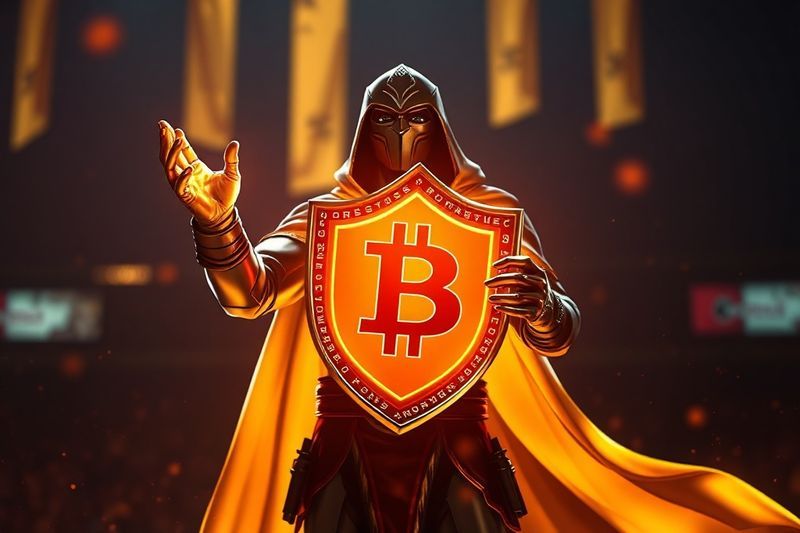 加密货币交易者持有由闪亮的光制成的盾牌的象征性图像