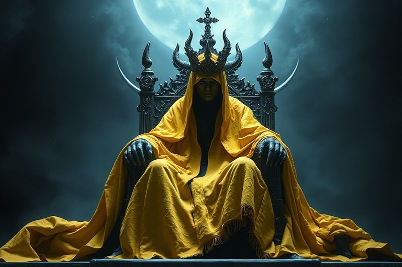 宇宙的な恐怖の設定の暗いエイリアンの玉座に座る王のぼろぼろの黄色いローブ