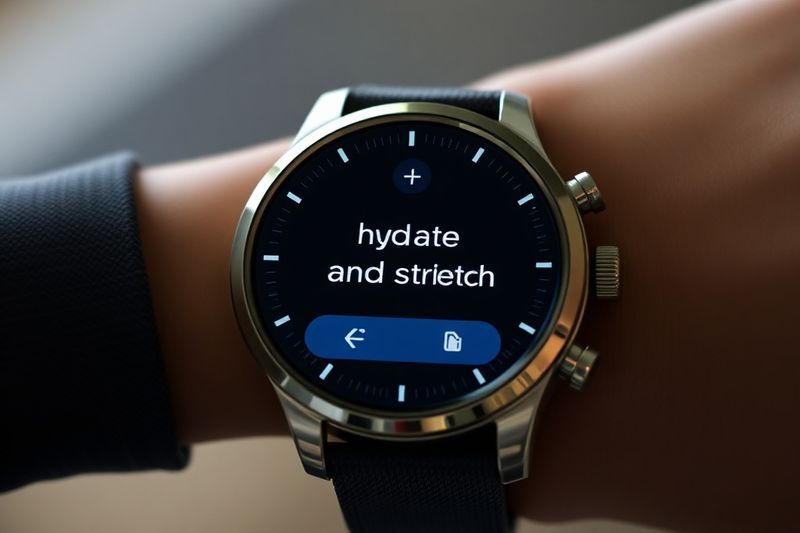 Notificación de IA en la pantalla de un reloj inteligente que brinda un suave empujón a la salud para hidratarse y estirarse
