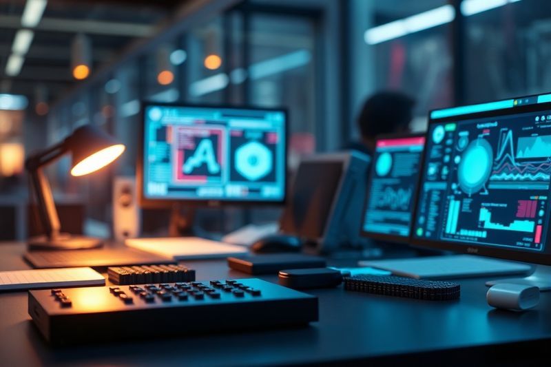 Representación visual de la visión de IA que categoriza objetos de escritorio con una superposición HUD de alta tecnología