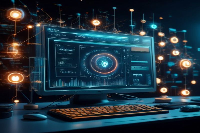 Advanced Google AI Mode interface on a futuristic computer screen with glowing data search metrics