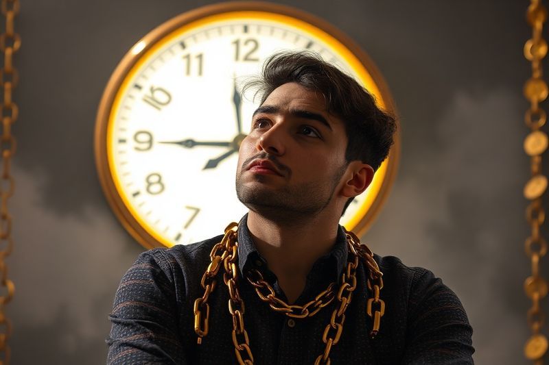 Trabajador independiente exhausto encadenado a un reloj que representa la trampa del tiempo por dinero