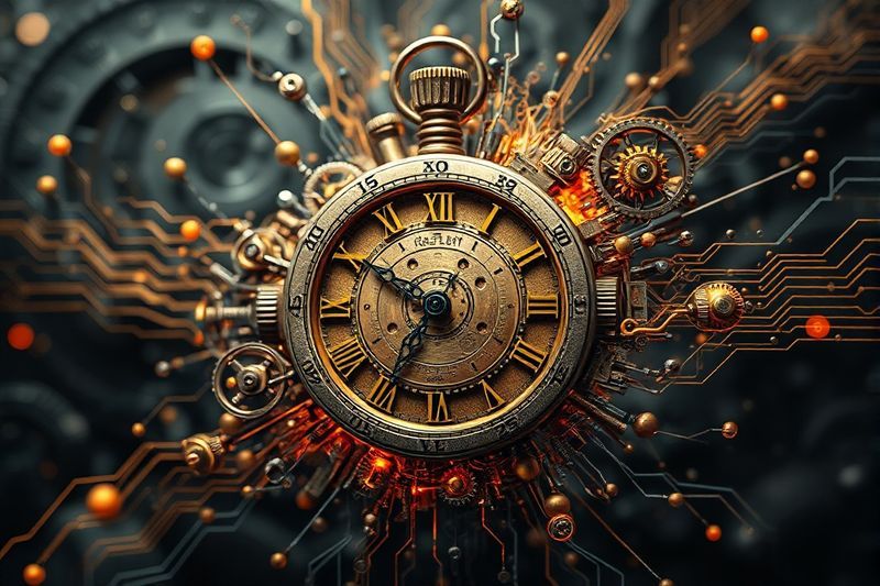 Un viejo mecanismo de relojería irrumpe en una red neuronal fluida, lo que representa la evolución de la IA