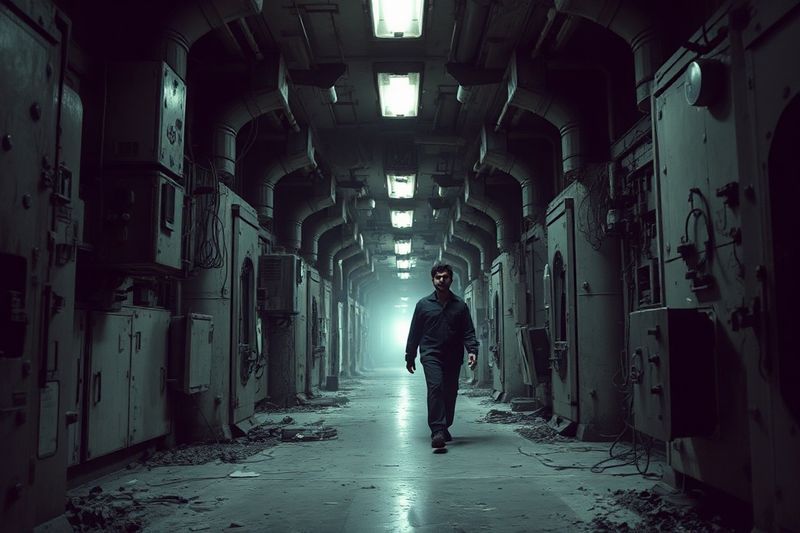 スクラップメタルの未来的なSFの廊下を一人で歩くアルジュン・デブラージ